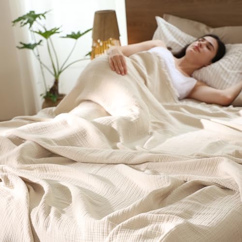 MooMee 100% Cotton Muslin Blanket, Fringed 4-Layer Gauze Bed Throw Blankets - color: Beige, size: Oversize Queen