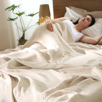 MooMee 100% Cotton Muslin Blanket, Fringed 4-Layer Gauze Bed Throw Blankets - color: Beige, size: Oversize Queen