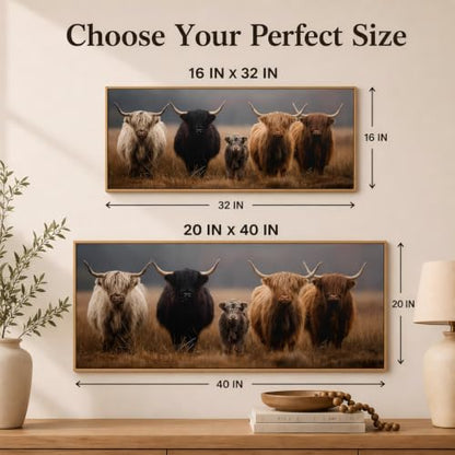 Framed Highland Cow Family Farmhouse Canvas Wall Art 24x48 Inch - color: Highland Cow, size: 48"L x 24"W