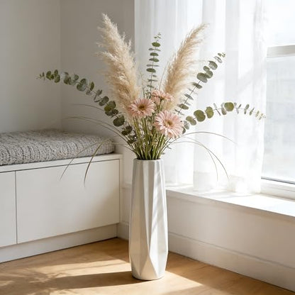 White Tall Ceramic Floor Vase, 17.7 Inch, Faceted Design - color: 5-stripes, size: Height-17.7 Inch