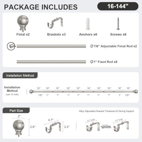 Brushed Nickel Curtain Rods 16-144 Inch Heavy Duty 1 Inch Diameter - color: Nickel, size: 16"-144"|1 Pack