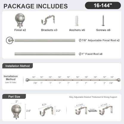 Brushed Nickel Curtain Rods 16-144 Inch Heavy Duty 1 Inch Diameter - color: Nickel, size: 16"-144"|1 Pack