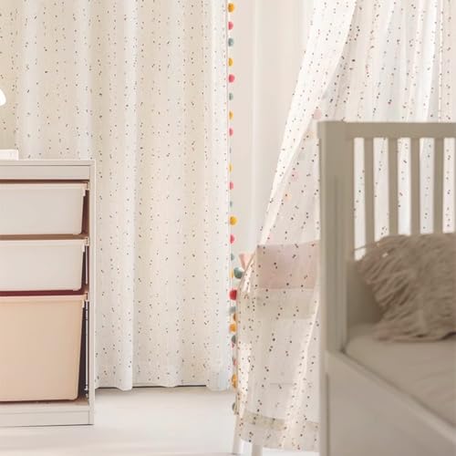 2 패널 무지개 리넨 시어 커튼, 다채로운 폼폼 포함 - color: 멀티 컬러, size: 42"W x 84"L (Pack of 2)
