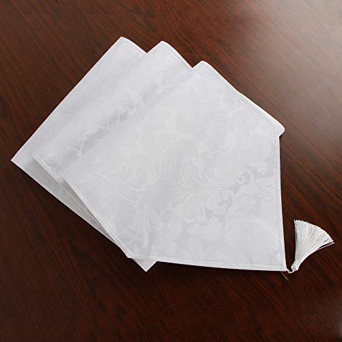 EHouseHome Jacquard Damask Reversible White Table Runners with Tassels 13 x 72 inch Wrinkle and Water Resistant Spill-Proof Decorative Dining and Wedding Runners - color: White With Tassels