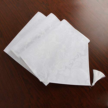 EHouseHome Jacquard Damask Reversible White Table Runners with Tassels 13 x 72 inch Wrinkle and Water Resistant Spill-Proof Decorative Dining and Wedding Runners - color: White With Tassels