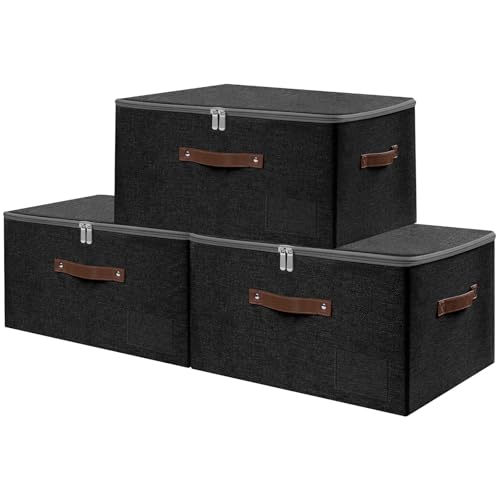 ANMINY Storage Box Fabric Bins with Zipper Lid, 17.7"x13.8"x10" Black, 3PCS - color: Black, size: Large (Pack of 3）