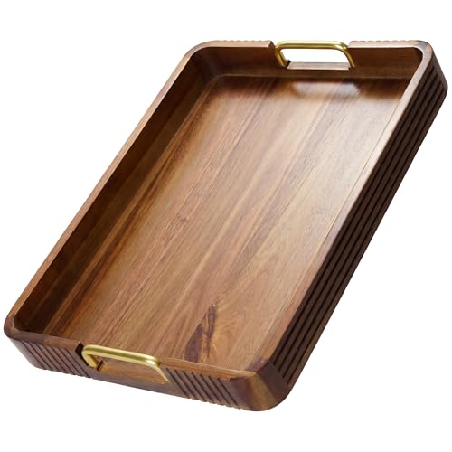 Acacia Wood Serving Tray with Gold Handles (Natural, 17" x 13" x 2") - color: Natural Acacia / Gold Handle, size: 17” × 13” × 2”
