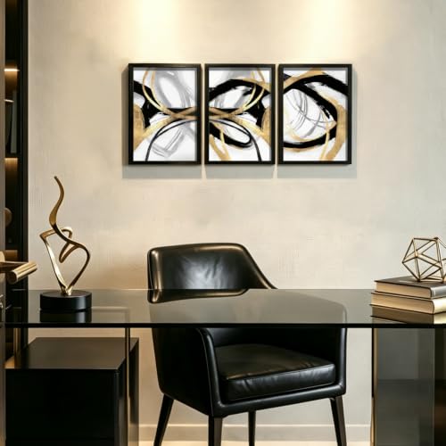 LYYGLYY 3Pcs Black Framed Black Gold and White Canvas Wall Art 12x16 Inches - color: Black Frame Dancing Lines, size: 12x16 Inches