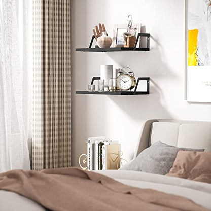 SRIWATANA Floating Shelves Wall Mounted Set of 2 Rustic Wood Shelves with Large Capacity(Black - color: Black