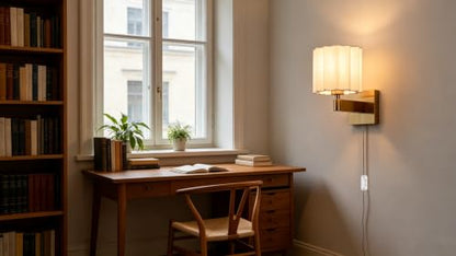 Plug in Gold Wall Sconce Mid Century Modern Pleated Linen Shade - color: Gold