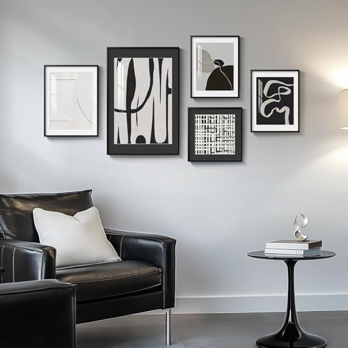 Framed Black and White Modern Abstract Wall Art for Living Room, 5 Piece - color: Minimalist