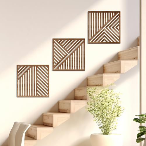 Bnesi 3 Piece Abstract Geometric Wood Wall Art Decor Modern Boho Minimalist Slatted Design Wall Sculpture Art Decor for Living Room Bedroom Home Bathroom (Classic, Medium) - style: Classic