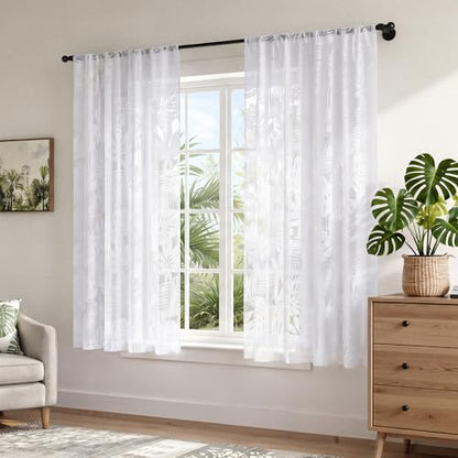 HOMEIDEAS White Semi Sheer Curtains Tropical Monstera Palm, 52 X 63 Inch - color: White - Monstera Palm Leaf, size: 52"W x 63"L (Pack of 2)