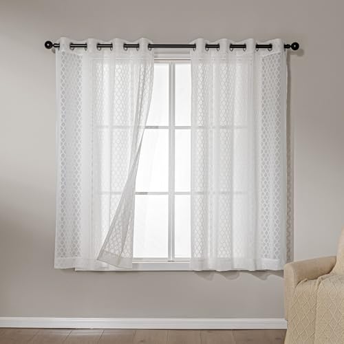 Amazon Basics Lace Sheer Curtains for Living Room and Bedroom, 2-Panel Set with Grommet, 42" W × 63" L, White Cloverleaf - color: White Cloverleaf, size: 42"W x 63"L (Pack of 2)