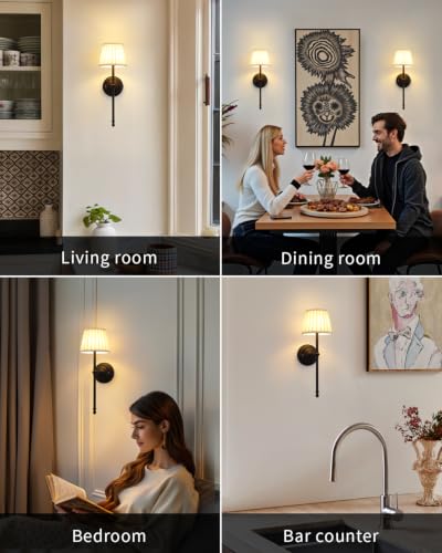 KDG Black Cordless Wall Sconces Set of 2, Beige Fabric LED Wall Lamps - color: Black + Beige Lampshde (2 Pack)