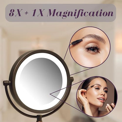 JERDON Tabletop Makeup Mirror with Lights - 1X/8X Magnification - Bronze 8.5" Vanity Mirror - Model HL8808BZL - color: Bronze