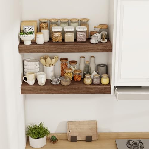Acovy 30 Inch Floating Shelves, 12" Deep Floating Shelf Wall Mounted, 30" Wall Shelves, Rustic Deep Bookshelf, Extra Deeper & Thicker Display Shelves for Bedroom, Living Room, Walnut, Set of 2 - color: Walnut, size: 12"Wx30"L-2pcs