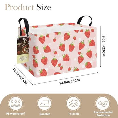 Rectangle Foldable Storage Basket Handles For Home, Pink Strawberry - color: REC-Pink Strawberry
