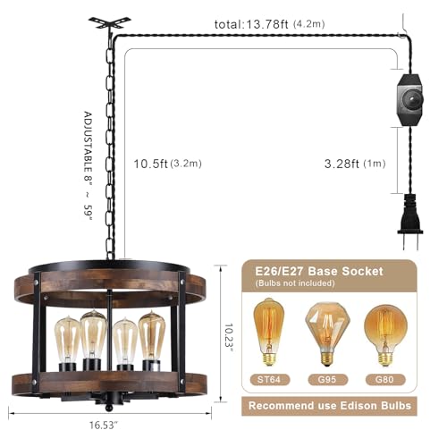 4-Light Large Rustic Farmhouse Plug in Pendant Light Fixture with Adjustable Chain, Dimmable Switch, 16.5 inch Oak Wood Drum Hanging Lamp for Dining Room Living Room Farmhouse Entry, Black - size: Large hanging lamp 1 pack