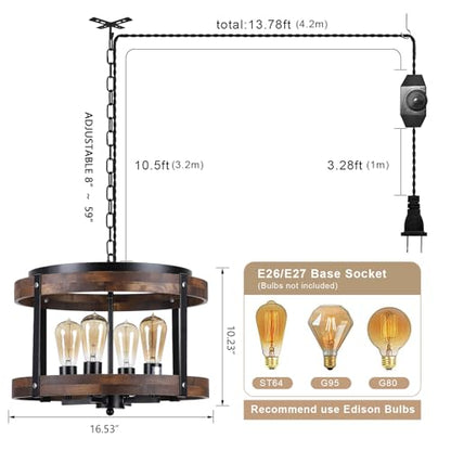 4-Light Large Rustic Farmhouse Plug in Pendant Light Fixture with Adjustable Chain, Dimmable Switch, 16.5 inch Oak Wood Drum Hanging Lamp for Dining Room Living Room Farmhouse Entry, Black - size: Large hanging lamp 1 pack