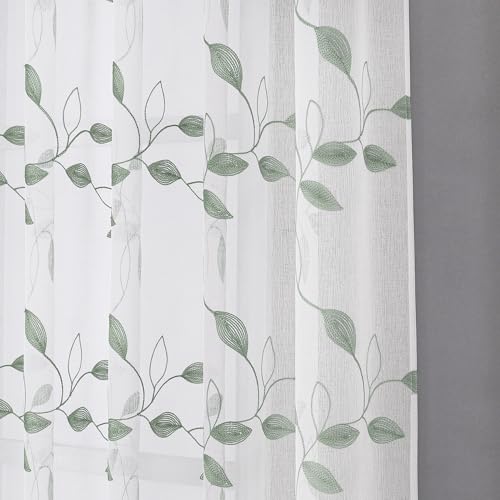 Tollpiz Sage Green Leaf Sheer Tier Curtain Kitchen 30 x 36 Inches - color: Sage Green, size: 30"W x 36"L (Pack of 2)