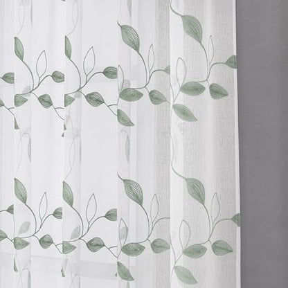 Tollpiz Sage Green Leaf Sheer Curtain Bedroom Short 38 x 45 Inches - color: Sage Green, size: 38"W x 45"L (Pack of 2)