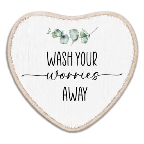 Inspirational Wood Heart Wall Art - Wash Your Worries Away - Rustic Farmhouse Hanging Plaque, Gift for Home, Bathroom, Bedroom, Living Room Decor 6x5 Inch - A01 - color: WASH YOUR WORRIES AWAY
