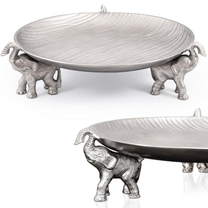 Silvery Tray with Elephant Stand - Round Decorative Aluminum Coffee Table - color: Silvery