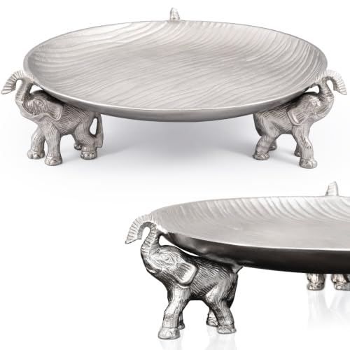 Silvery Tray with Elephant Stand - Round Decorative Aluminum Coffee Table - color: Silvery
