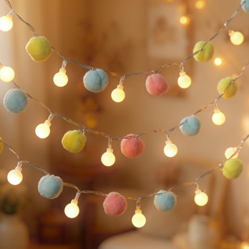 6.56FT Pom Poms Fairy Lights - 20 LED Battery Operated String Lights with Warm White Globe Balls - Cute Indoor Decor for Bedroom Kids Room Playhouse Graduation Birthday Baby Shower - Macaron - color: Macaron, size: 6.56 FT
