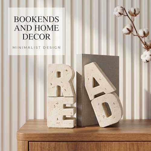 Book Ends Decorative with Read Design Resin Bookends for Heavy Books Book Holders for Shelves Book Stoppers with Non-Slip Pads Unique Read Sign Beige Bookend Gift for Book Lovers