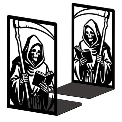 Peacoblue 5.3"x4.3"x7.9" Metal Bookends, Heavy Duty Book Ends for Shelves - style: Grim Reaper Reading Book with Sickle