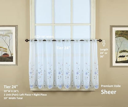 Today's Curtain, Samantha Embroidered Sheer Tier 24", White/Green, 59" W x 24" L - color: White/Green Multi, size: 59"W x 24"L (Pack of 1)