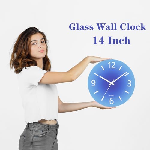 Tempered Glass Large Wall Clock, 14 Inch Decorative Clock - Blue - color: Blue