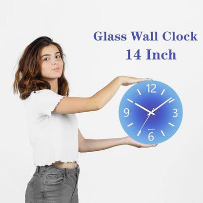 Tempered Glass Large Wall Clock, 14 Inch Decorative Clock - Blue - color: Blue