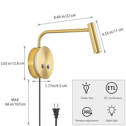 Gold Wall Mounted Reading Light, 3000K Flexible Headboard Reading Sconces with On Off Switch Control, Plug in/Hardwired Wall Light Fixtures with Night Light for Bedside Bedroom Bunk - color: Gold-1Pack