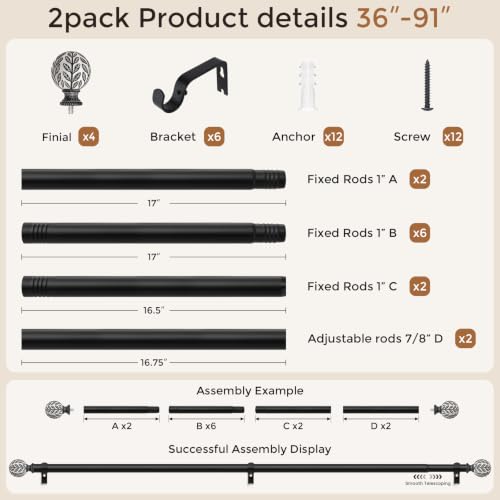 2 Pack Curtain Rod 36-91 Inch Boho Black 1 Inch Window Curtain Rod - color: Black, size: 36''-91'' (2 Pack)