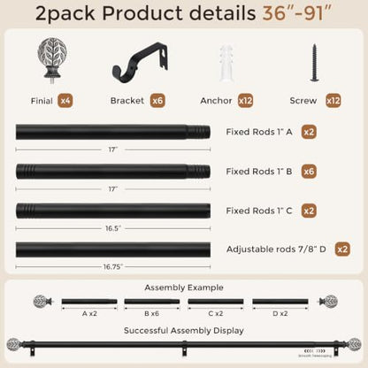2 Pack Curtain Rod 36-91 Inch Boho Black 1 Inch Window Curtain Rod - color: Black, size: 36''-91'' (2 Pack)