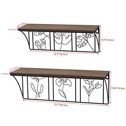 QUTREY Plant Wall Art Floating Shelves Set of 2, Minimalist Metal Abstract Decor Rustic Wooden Shelf for Living Room, Bedroom, Bathroom