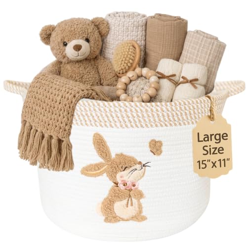 Bunny Baby Storage Basket, Woven Cotton Rope Nursery Bin, 15x11 in - color: Bunny