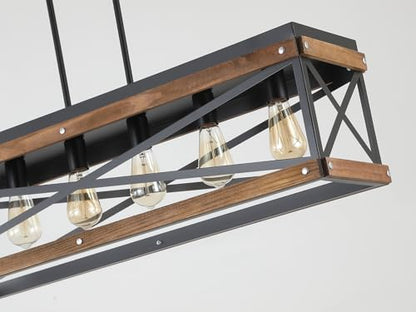 Rustic Farmhouse Plug in Kitchen Island Lighting, 6 Lights Rectangular Pendant Light Fixture with Adjustable Chain, Dimmable Switch, Oak Wood and Metal Linear Chandelier for Dining Room Home, Black - size: Large 6-Light Hanging Lamp