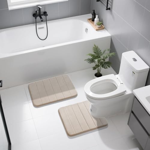 Yimobra Memory Foam Bathroom Mat Set, 24 x 17 & 24 x 20 in, Beige - color: Beige, size: 24x17+24x20 Inch