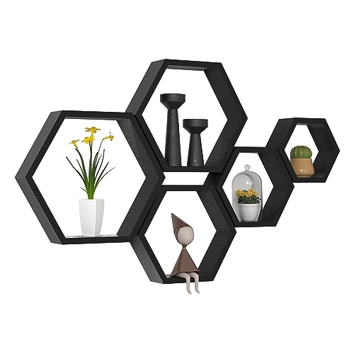 WONFUlity Hexagon Floating Shelves, Hexagonal Shelf Wall Mounted Storage - color: Black, size: 5PC