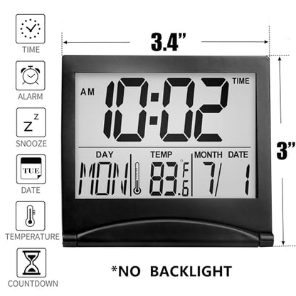 Betus Digital Travel Alarm Clock – Foldable Calendar, Temperature & Timer with Snooze – Large Number Display, Battery Operated – Compact Desk Clock for Home & Office (Black) - color: Black Pack of 1