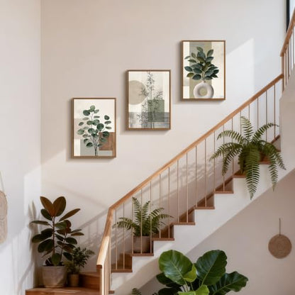 3 Pcs Framed Sage Green Boho Botanical Neutral Abstract Canvas Wall Art - color: Eucalyptus Bamboo Plant, size: 12"x16"x3Pcs
