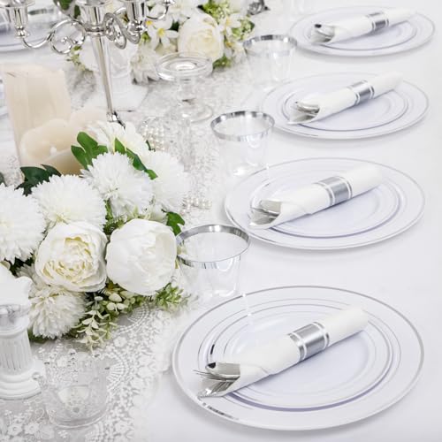 WELLIFE 210 Piece Silver Plastic Dinnerware Set for 30 Guests, Include: 30 Dinner Plates, 30 Dessert Plates, 30 Pre Rolled Napkins with Silverware and 30 Silver Cups - color: Silver, style: 210PCS（30 Guests）