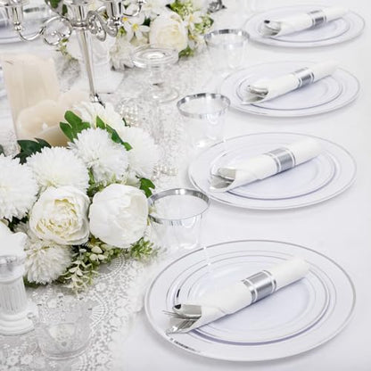 WELLIFE 210 Piece Silver Plastic Dinnerware Set for 30 Guests, Include: 30 Dinner Plates, 30 Dessert Plates, 30 Pre Rolled Napkins with Silverware and 30 Silver Cups - color: Silver, style: 210PCS（30 Guests）