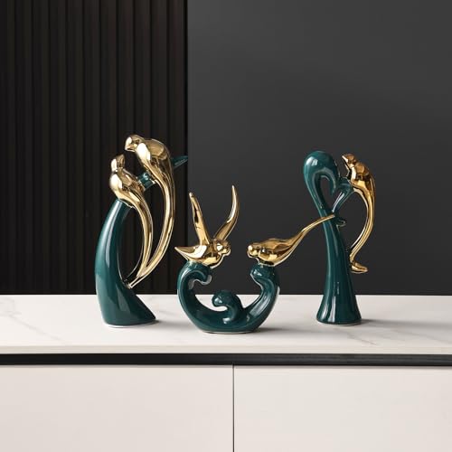 Ceramic Statues Set of 3, Birds and Base Sculpture Modern Home Decor - color: Green and Gold