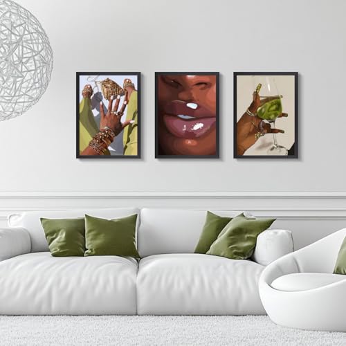 Hianan Wood Framed Fashion Black Woman Wall Art Set of 3, 12x16 in - color: Yellow-Green(Wood), size: 16"L x 12"W