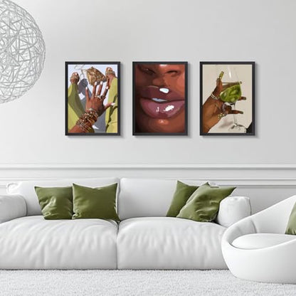Hianan Wood Framed Fashion Black Woman Wall Art Set of 3, 12x16 in - color: Yellow-Green(Wood), size: 16"L x 12"W